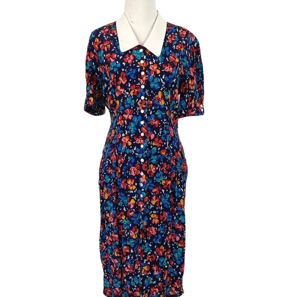 Vintage Liz Claiborne Floral Midi Dress 90s Colorful Collar Size 6